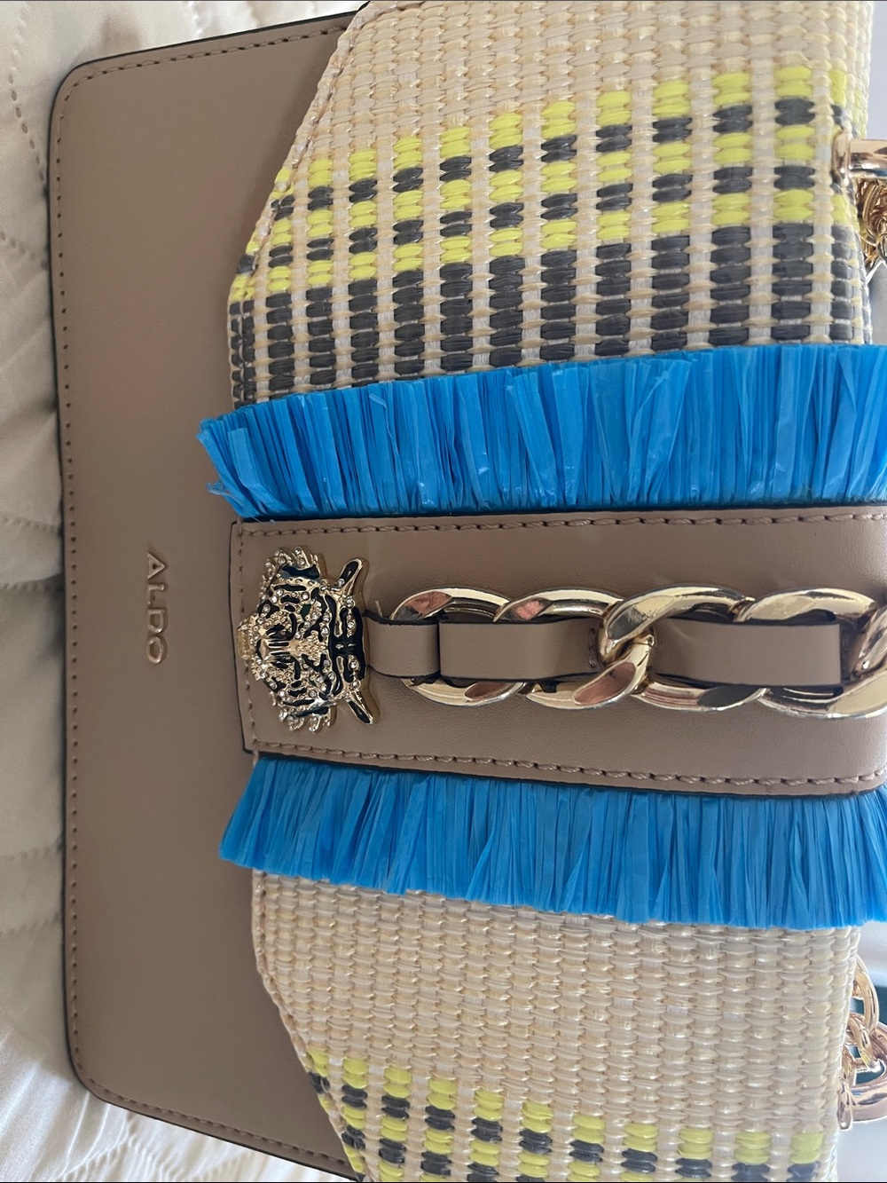 ALDO Taupe Crossbody Bag with Blue Tassel Trim